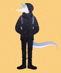  2014 anthro beanie biped black_bottomwear black_clothing black_topwear blue_body blue_hair blue_tail boots bottomwear clothed clothing countershade_face countershade_tail countershading deaglen deaglen_(fursona) digital_media_(artwork) dinosaur dromaeosaurid extinct fangs footwear front_view full-length_portrait hair hand_in_pocket hands_in_both_pockets hat headgear headwear hoodie long_tail looking_away male multicolored_body orange_background pants pink_nose pockets portrait prehistoric_species reptile scalie short_hair simple_background smile snow snowing solo spiked_tail spikes spikes_(anatomy) standing steam tail teeth theropod topwear two_tone_body two_tone_tail velociraptor white_body white_countershading white_tail 