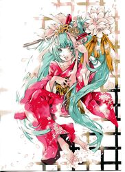  aqua_eyes duplicate female flower green_hair hatsune_miku highres issun_boushi_(ilmtkimoti) japanese_clothes kimono long_hair petals solo vocaloid 