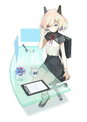  bad_id bad_pixiv_id blonde_hair blue_eyes chinese_clothes clipboard commentary_request cup female flower hair_ornament hairclip holographic_monitor looking_at_viewer mgg_(x_arte) mug original pantyhose pencil pencil_skirt print_mug robot_ears short_hair sitting skirt smile solo table 