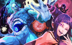  1boy ;) absurdres bald black_hair blue_eyes commentary_request female glowing glowing_eye glowing_eyes hair_horns highres juri_han muscular one_eye_closed photoshop_(medium) pixy_(kinoshita_r) purple_eyes seth_(street_fighter) smile street_fighter yin_yang 