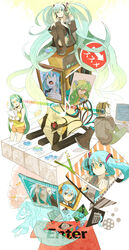  1boy character_name commentary_request detached_sleeves female flower hatsune_miku hatsune_miku_(append) headphones highres long_hair makoto0820 megaphone multiple_views necktie open_mouth paper piano_keys sitting skirt spring_onion thighhighs twintails very_long_hair vocaloid vocaloid_append 