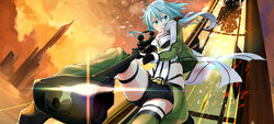  anti-materiel_rifle bad_id bad_pixiv_id belt blue_hair bolt_action breasts broken_glass cleavage cloud commentary_request cropped_jacket falling female fingerless_gloves glass gloves gochiwa green_eyes gun highres lens_flare long_hair medium_breasts muzzle_device pgm_hecate_ii rifle scarf scope short_shorts shorts sinon sniper_rifle solo sword_art_online thigh_strap thighs weapon 