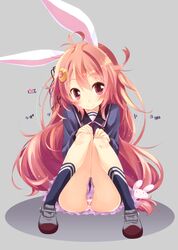  ahoge animal_ears bad_id bad_twitter_id blush crescent crescent_hair_ornament female hair_ornament hair_ribbon hirose_madoka kantai_collection long_hair looking_at_viewer low-tied_long_hair panties rabbit_ears rabbit_hair_ornament red_eyes red_hair ribbon school_uniform serafuku simple_background skirt smile socks solo striped_clothes striped_panties underwear uzuki_(kancolle) 