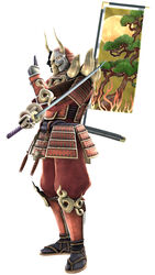  1boy absurdres armor bandai_namco banner greaves helmet highres katana male male_focus mask namco_bandai ninja official_art skull solo soul_calibur soulcalibur_v sword tabi weapon yoshimitsu 