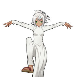  commentary_request crane_stance dark-skinned_female dark_skin feet female fighting_stance flying_witch green_eyes highres kowata_akane martial_arts pants ponytail ramuna_itou sandals smile solo toes vietnamese_dress white_hair 