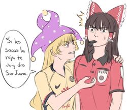  2girls blonde_hair brown_hair clownpiece club_america commentary_request fifa grin hakurei_reimu hat jester_cap liga_mx long_hair mefomefo mexico multiple_girls nike_(company) referee smile soccer_uniform spanish_text sportswear sweat touhou translated whistle 