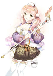  atelier_(series) atelier_escha_&amp;_logy bad_id bad_pixiv_id bag belt belt_pouch blush bracelet braid choker cowboy_shot cropped_jacket escha_malier female floral_background green_eyes hat holding holding_weapon jewelry khj long_hair photoshop_(medium) pink_hair pom_pom_(clothes) pouch skirt smile solo thighhighs twintails wand weapon white_thighhighs zettai_ryouiki 