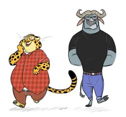  anthro barefoot belt benjamin_clawhauser biceps bottomwear bovid bovine cape_buffalo cheetah chief_bogo clothing disney duo eyewear feet felid feline fur glasses horn jean male mammal muscular overweight pants perspective-incorrect_clothing perspective-incorrect_plaid perspective-incorrect_shirt perspective-incorrect_texturing perspective-incorrect_topwear plaid possumtool shirt spots standing t-shirt topwear zootopia 