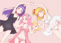  3girls asahina_mirai babydoll black_panties blonde_hair blush breasts commentary_request green_eyes hairband hanami_kotoha heart heart_hands heart_hands_duo highres izayoi_liko long_hair looking_at_viewer mahou_girls_precure! mofurun_(mahou_girls_precure!) multiple_girls navel panties pink_background pink_eyes pink_hair pink_panties precure purple_hair red_eyes see-through simple_background small_breasts smile susinoyama underwear underwear_only white_panties 