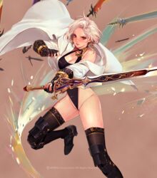  bad_id bad_pixiv_id bare_shoulders black_footwear black_leotard black_thighhighs blush boots breasts brown_background cape cleavage company_name dungeon_and_fighter earrings female female_pubic_hair female_slayer_(dungeon_and_fighter) fighting_stance fingerless_gloves gloves happening18 high_heel_boots high_heels holding holding_sword holding_weapon jewelry knee_pads large_breasts leotard lips looking_at_viewer outstretched_arm pubic_hair pubic_hair_peek red_eyes short_hair solo sword sword_master_(dungeon_and_fighter) thighhighs third-party_edit thong_leotard watermark weapon white_hair 