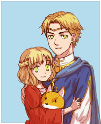  1boy blonde_hair blue_background brother_and_sister circlet commentary_request female fire_emblem fire_emblem:_the_blazing_blade fox gold_trim guinevere_(fire_emblem) hair_ornament half_updo hand_on_shoulder kinaco photoshop_(medium) short_hair siblings simple_background smile yellow_eyes zephiel_(fire_emblem) 