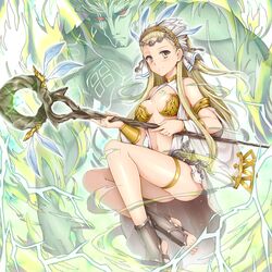  armor artistic_error ass bare_shoulders blonde_hair blush bracer breasts center_opening closed_mouth commentary_request detached_sleeves dress feet female granblue_fantasy greaves headdress holding long_hair long_sleeves medium_breasts navel petra_(granblue_fantasy) smile staff taniwasu tattoo thigh_strap toeless_legwear white_dress wrong_foot yellow_eyes 