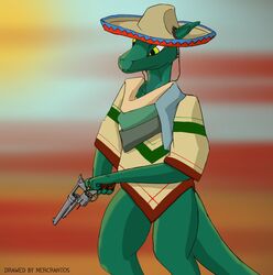  anthro clothing desert dungeons_and_dragons female gun handgun hasbro hat headgear headwear hi_res kobold mercrantos pistol ranged_weapon scalie scarf solo sombrero weapon wizards_of_the_coast yellow_eyes 