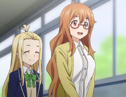  2girls anime_screenshot blonde_hair brown_eyes brown_hair closed_eyes colette_(kono_bijutsubu_niwa_mondai_ga_aru!) glasses kono_bijutsubu_niwa_mondai_ga_aru! long_hair multiple_girls school_uniform tachibana_yumeko window 