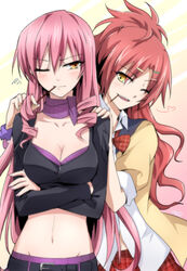  2girls akuma_no_riddle bad_id bad_pixiv_id belt breasts brown_eyes cleavage commentary_request crop_top food groin hair_ornament hairclip hand_on_another&#039;s_shoulder highres inukai_isuke kago-tan large_breasts midriff mouth_hold multiple_girls navel one_eye_closed photoshop_(medium) pocky red_hair sagae_haruki yuri 