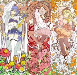  3girls akemi_homura akemi_homura_(magical_girl) art_nouveau black_hair blonde_hair blue_eyes blue_hair boots brown_legwear cape detached_sleeves dress drill_hair edoya_inuhachi fingerless_gloves flower fortissimo geranium gloves gun hair_ornament hairband hairclip hat lily_(flower) long_hair magical_girl magical_musket mahou_shoujo_madoka_magica mahou_shoujo_madoka_magica_(anime) miki_sayaka miki_sayaka_(magical_girl) multiple_girls musical_note musical_note_hair_ornament pleated_skirt puffy_sleeves purple_eyes red_flower ribbon short_hair skirt sword thighhighs tomoe_mami tomoe_mami_(magical_girl) twin_drills twintails weapon white_flower white_gloves white_legwear white_lily yellow_eyes yellow_flower zinnia 