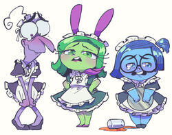  1boy 2girls artist_request blue_eyes blue_hair blue_skin blush crossdressing disgust_(inside_out) fear_(inside_out) glasses green_eyes green_hair green_skin inside_out looking_at_viewer maid multiple_girls purple_skin sadness_(inside_out) tears 