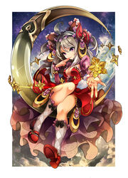  ahoge bad_id bad_pixiv_id bonnet breasts chain_chronicle cleavage commentary_request crystal dress evegogo female grey_hair hair_ornament hand_to_own_mouth kneehighs medium_breasts moon outstretched_hand purple_eyes red_dress red_footwear shoes sitting sky socks solo star_(sky) starry_sky 