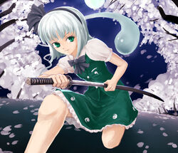  bad_id bad_pixiv_id black_hairband cherry_blossoms female green_eyes hair_ribbon hairband katana konpaku_youmu konpaku_youmu_(ghost) on_one_knee pazuzu438 ribbon sheath short_hair skirt solo sword touhou weapon white_hair 