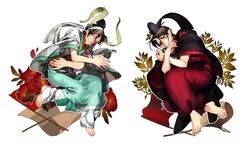  2boys barefoot beads black_hair commentary_request covering_own_mouth earrings eyeshadow feathers flag floating flower full_body hakutaku_(hoozuki_no_reitetsu) hat hoozuki_(hoozuki_no_reitetsu) hoozuki_no_reitetsu horns japanese_clothes jewelry leaf legs_folded long_sleeves looking_at_viewer makeup male_focus multiple_boys nori_(koke_sr) oni partial_commentary pointy_ears simple_background single_horn smile tassel white_background wide_sleeves 