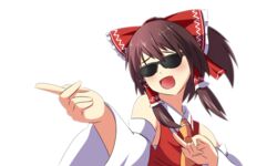  ascot blush bow brown_hair closed_eyes commentary_request death_penalty_(meme) detached_sleeves female hair_tubes hairbow hakurei_reimu highres index_finger_raised meme nugi_(armenci) open_mouth parody pointing red_bow ribbon smile solo sunglasses touhou white_background 