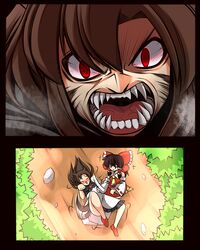  +++ 2girls angry animal_ears belly_rub blush brown_hair charisma_break commentary_request fangs flailing hakurei_reimu highres higurashi_no_naku_koro_ni imaizumi_kagerou instant_loss long_hair multiple_girls parody paw_pose red_eyes tail tail_wagging tickling tickling_stomach touhou ueda_katsuhito uso_da veins wolf_ears wolf_tail 