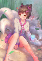  ahri_(league_of_legends) alternate_hair_color alternate_hairstyle animal_ears bamboo bamboo_forest bare_legs barefoot between_legs blush brown_hair cherry_hair_ornament collarbone commentary_request dappled_sunlight dynasty_ahri energy_ball facial_mark female food-themed_hair_ornament forest fox_ears fox_girl fox_tail hair_ornament hair_ribbon hair_stick hair_up hand_between_legs highres jay_xu korean_clothes leaf league_of_legends long_sleeves looking_at_viewer multiple_tails nature official_alternate_costume outdoors photoshop_(medium) pink_skirt ribbon short_hair signature sitting sitting_on_stairs skirt slit_pupils solo stairs sunlight tail whisker_markings yellow_eyes 