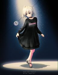  ai_(re:lief) black_background black_dress black_footwear blush character_name closed_mouth clothes_writing commentary_request company_name copyright_name dress english_text female full_body grey_hair head_tilt kurono_mitsuki long_sleeves mary_janes mocha_(cotton) purple_eyes re:lief_~shin&#039;ai_naru_anata_e~ shoes side_ponytail simple_background skirt_hold smile solo standing 