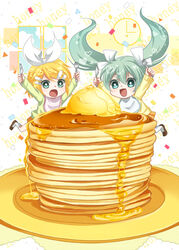  2girls arms_up bad_id bad_pixiv_id blonde_hair butter floating_hair food green_eyes green_hair hair_ornament hair_ribbon hairclip hatsune_miku kagamine_rin long_hair multiple_girls open_mouth pancake pancake_stack ribbon short_hair tsujiori twintails vocaloid 