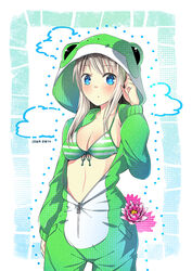  animal_costume arm_at_side bikini bikini_top_only bikini_under_clothes blue_eyes blush breasts commentary_request cowboy_shot female flower frog_costume front-tie_bikini_top front-tie_top green_bikini hand_to_head hood joakim_waller long_sleeves looking_at_viewer lotus medium_breasts original photoshop_(medium) sidelocks silver_hair solo striped_bikini striped_clothes swimsuit unzipped zipper 