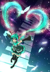  aqua_eyes aqua_hair bad_id bad_pixiv_id blush commentary_request detached_sleeves female hatsune_miku headphones headset heart heart_hair highres long_hair necktie partial_commentary rokko skirt solo thighhighs twintails very_long_hair vocaloid 