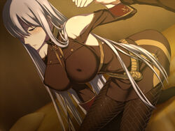  arm_grab bare_shoulders blush breasts brown_eyes commentary_request covered_nipples dutch_angle female grey_hair hair_over_one_eye kanna_asuke large_breasts long_hair military military_uniform pantyhose selvaria_bles senjou_no_valkyria_(series) senjou_no_valkyria_1 solo uniform very_long_hair 