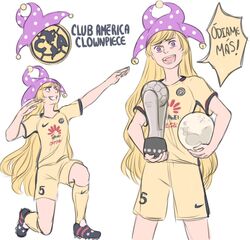  :d ball blonde_hair clothes_writing clownpiece club_america coca-cola commentary_request female grin hat huawei jester_cap liga_mx long_hair mefomefo mexico moon nike_(company) open_mouth pose purple_eyes smile soccer_uniform spanish_text sportswear touhou translated very_long_hair 