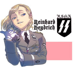  black_necktie blackletter blonde_hair blue_eyes character_name collared_shirt commentary_request cropped_torso diamond_(shape) female genderswap_(mtf) gloves grey_jacket half-closed_eyes hiroe_rei jacket lapels long_sleeves looking_to_the_side military military_jacket military_uniform nazi necktie notched_lapels parted_lips patch photoshop_(medium) politician real_life real_life_insert red_ribbon reichsadler reinhard_tristan_eugen_heydrich ribbon rule_63 shirt shoulder_boards shoulder_patch sigrunen smug solo ss_insignia teeth uniform upper_body waffen-ss white_background white_gloves white_shirt 