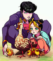  1boy aged_down bad_id bad_pixiv_id bird black_hair blonde_hair diamond_wa_kudakenai double_bun duck duckling family female gakuran green_eyes hair_bun higashikata_josuke jojo_no_kimyou_na_bouken kujo_jolyne lolicon multicolored_hair photoshop_(medium) pompadour school_uniform stardust11 stone_ocean two-tone_hair 