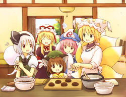  5girls :d animal_ears animal_hat bad_id bad_pixiv_id baking blonde_hair bowl brown_eyes brown_hair cat_ears chen closed_eyes commentary_request cooking eijima_moko food fox_tail hairband hat hat_ribbon indoors konpaku_youmu konpaku_youmu_(ghost) long_hair mob_cap multiple_girls multiple_tails ohagi_(food) open_mouth pink_hair plate puffy_short_sleeves puffy_sleeves red_eyes ribbon saigyouji_yuyuko short_hair short_sleeves smile tail touhou triangular_headpiece upper_body whisk white_hair yakumo_ran yakumo_yukari 