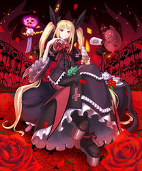  blazblue blonde_hair blush bow commentary_request female flower food frog george_xiii gii halloween heel-less_heels highres ice_cream long_hair nago petals platform_footwear rachel_alucard red_bow red_eyes red_flower red_rose rose rose_petals shirosa shoes sweat twintails wind_chime 