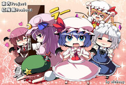  &gt;_&lt; 6+girls :3 :d =_= aibo_(robot) alternate_eye_color arms_up bat_wings bleeding blood blue_eyes blush book bow braid chibi closed_eyes commentary_request crescent crescent_hat_ornament diamond_mouth door embodiment_of_scarlet_devil fallen_down flandre_scarlet hat hat_ornament head_wings heart hong_meiling izayoi_sakuya knife knifed koakuma long_hair maid_headdress multiple_girls necktie oerba_yun_fang open_mouth patchouli_knowledge purple_eyes remilia_scarlet smile star_(symbol) star_hat_ornament tekehiro touhou twin_braids v-shaped_eyebrows wings x3 xd 