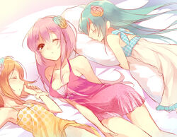  3girls aobara aqua_hair closed_eyes commentary_request dress flower hair_flower hair_ornament hatsune_miku hugging_object kagamine_rin long_hair lying megurine_luka multiple_girls one_eye_closed orange_hair pillow pillow_hug pink_hair sleeping vocaloid 