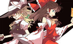  2girls ascot bad_id bad_pixiv_id blonde_hair blue_eyes bow braid brown_hair commentary_request detached_sleeves hairbow hakurei_reimu hat kirisame_marisa makiko multiple_girls photoshop_(medium) short_hair touhou witch_hat yellow_eyes 