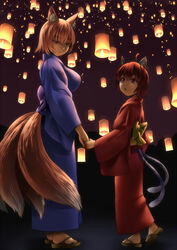  2girls :o ahoge alternate_costume animal_ears bad_id bad_pixiv_id blonde_hair breasts brown_hair cat_ears cat_tail chen earrings fox_ears fox_tail full_body half-closed_eyes holding_hands japanese_clothes jewelry kimono lantern large_breasts light_smile looking_at_viewer looking_down looking_up multiple_girls multiple_tails night night_sky obi obon outdoors paper_lantern ragi_(schrdngr) red_eyes sandals sash short_hair single_earring sky sky_lantern standing tail touhou yakumo_ran yukata 