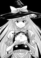  absurdres apron bad_id bad_pixiv_id black_background carrying cowboy_shot female frilled_apron frilled_hat frills greyscale hair_ribbon hair_tubes hakurei_reimu hat highres kirisame_marisa long_hair looking_at_viewer monochrome open_mouth prehensile_hair ribbon smile solo takumi117 touhou very_long_hair witch_hat yukkuri_shiteitte_ne 