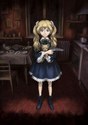  blonde_hair blue_eyes boots commentary_request cz_52 czech_text doll female gun handgun highres hugging_doll hugging_object kurayami_joe lace original photoshop_(medium) russia solo stuffed_animal stuffed_toy teddy_bear trigger_discipline twintails weapon 