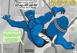  achillesheelart beast_(x-men) blue_fur bondage cables danger_room dialogue feathers foot_fetish foot_play hank_mccoy male male_only marvel marvel_comics muscles muscular muscular_male mutant restrained solo solo_male tickle_fetish tickle_torture tickling tickling_feet x-men 