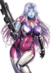  alberta_(taimainin_asagi) alberta_(taimanin_asagi) blue_skin breasts female kokonoki_nao large_breasts pointy_ears solo taimanin_asagi taimanin_asagi_battle_arena weapon zol 