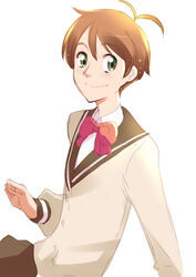  antennae blush bow brown_hair green_eyes kanzaki_hitomi looking_at_viewer school_uniform seifuku short_hair simple_background smile tenkuu_no_escaflowne touge touge_hiro 