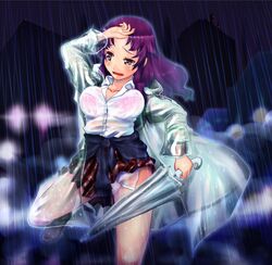  bra breasts brown_eyes clothes_around_waist commentary_request efyuru female idolmaster idolmaster_dearly_stars large_breasts lingerie long_hair ozaki_reiko panties pantyshot plaid plaid_skirt pleated_skirt purple_hair rain raincoat see-through shirt shirt_around_waist skirt solo transparent_raincoat umbrella underwear wet 