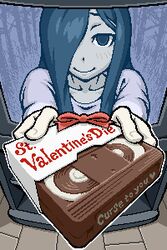  bad_id bad_pixiv_id chocolate english_text female gift hair_over_one_eye holding holding_gift incoming_gift long_hair looking_at_viewer lowres oekaki pixel_art pun smile solo television the_ring through_medium through_screen valentine videocassette yamamura_sadako yuuya_(yu-ya&#039;s) 