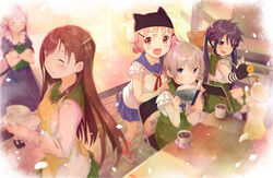  5girls :d animal_hat bad_id bad_pixiv_id brown_hair canine chair character_print closed_eyes commentary_request crossed_arms cup ebisuzawa_kurumi fingerless_gloves folded_hair folding_chair gakkou_gurashi! gloves grey_hair hair_ornament hairclip hand_on_another&#039;s_shoulder hat highres long_hair looking_at_viewer md5_mismatch megurigaoka_high_school_uniform mole mole_under_eye mug multiple_girls naoki_miki oerba_yun_fang open_mouth petals photoshop_(medium) pink_eyes pink_hair print_cup print_mug purple_eyes purple_hair sakura_megumi school_uniform short_hair shouin sitting smile takeya_yuki taroumaru_(gakkou_gurashi) wakasa_yuuri x_hair_ornament 