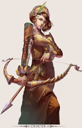  arrow_(projectile) bow_(weapon) brown_hair commentary copyright_request dress earrings english_commentary fantasy female green_eyes hair_ornament jewelry long_dress looking_at_viewer short_hair simple_background solo weapon yu_cheng_hong 